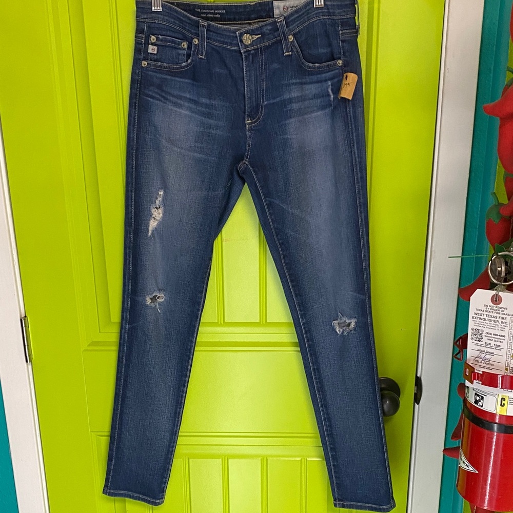 AG Adriano Goldschmied Medium Blue Ripped Skinny Jeans